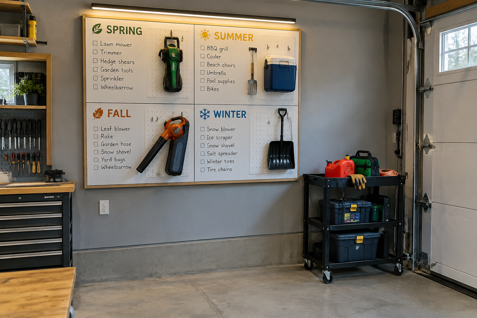 Garage seasonal rotation pegboard divided into four seasonal quadrants with equipment lists and hooks