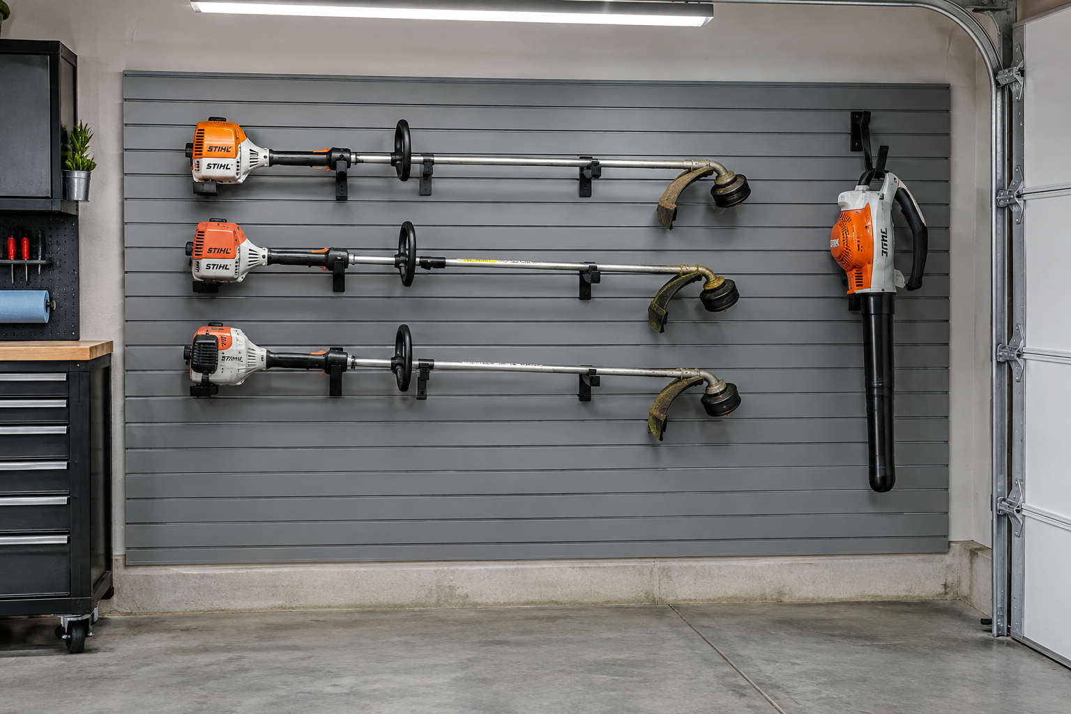 Three string trimmers and a leaf blower hanging on gray slatwall hooks in a garage