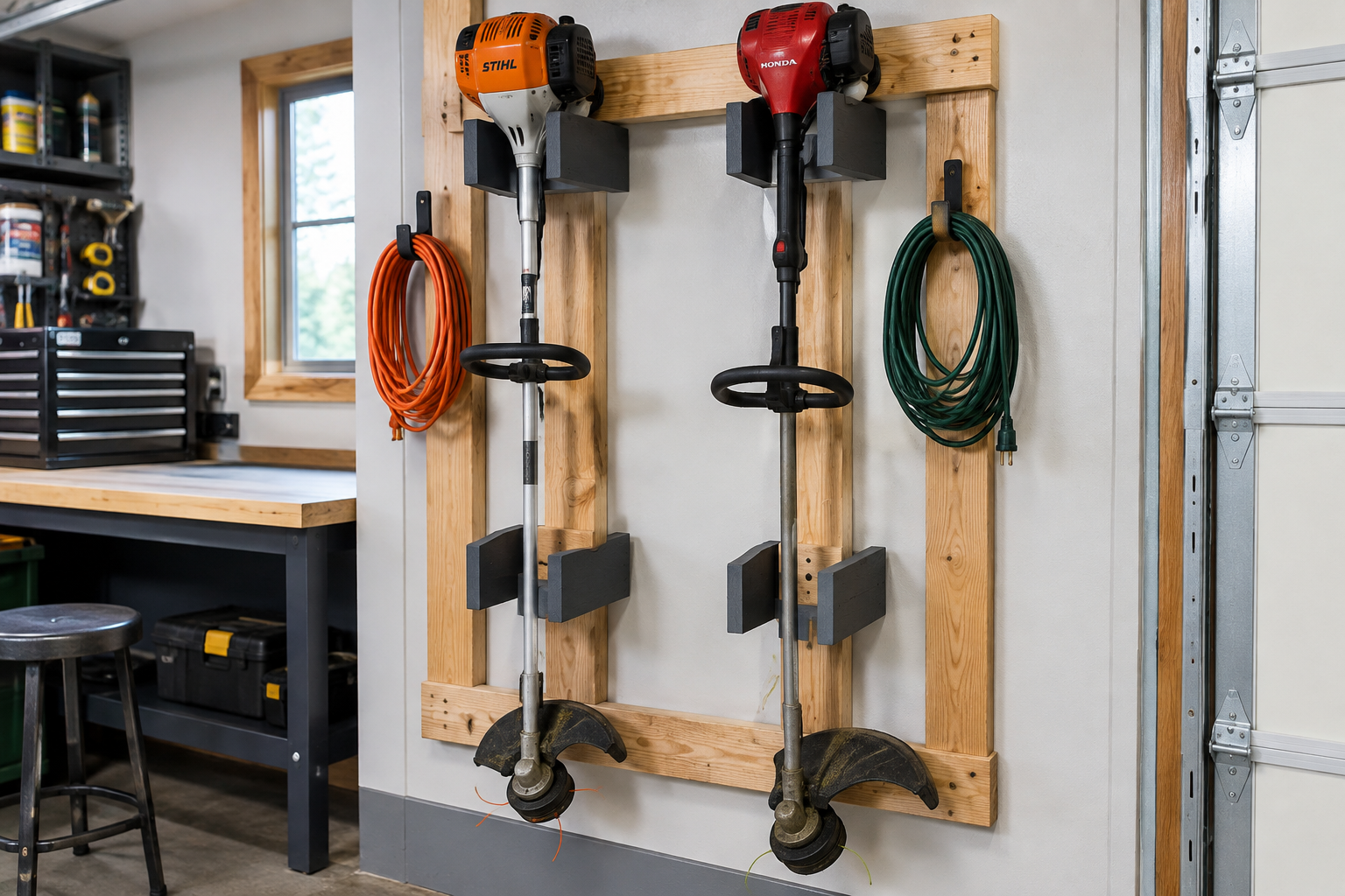 Two string trimmers hanging vertically on a custom dark gray wooden cradle rack