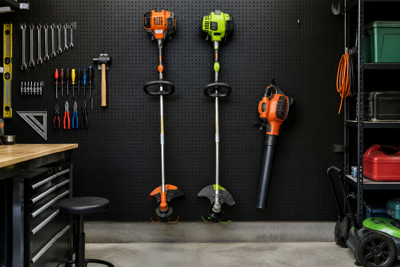 String trimmers and leaf blower hanging on black pegboard wall in organized garage