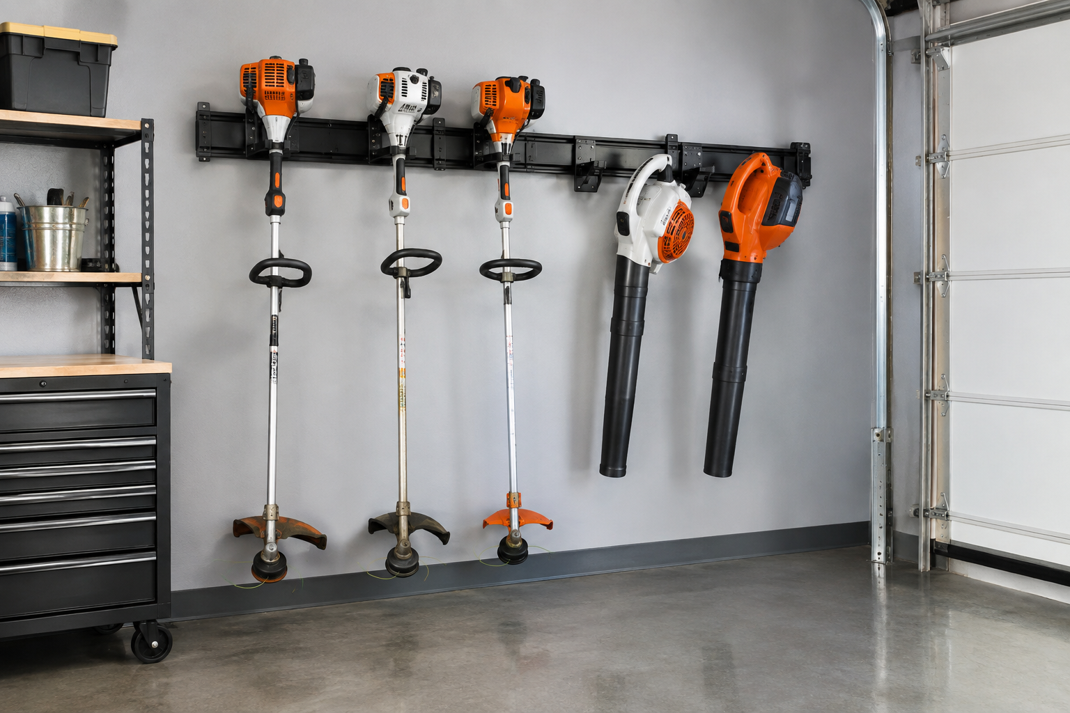 Commercial steel lawn equipment rack holding trimmers and blowers on gray garage wall
