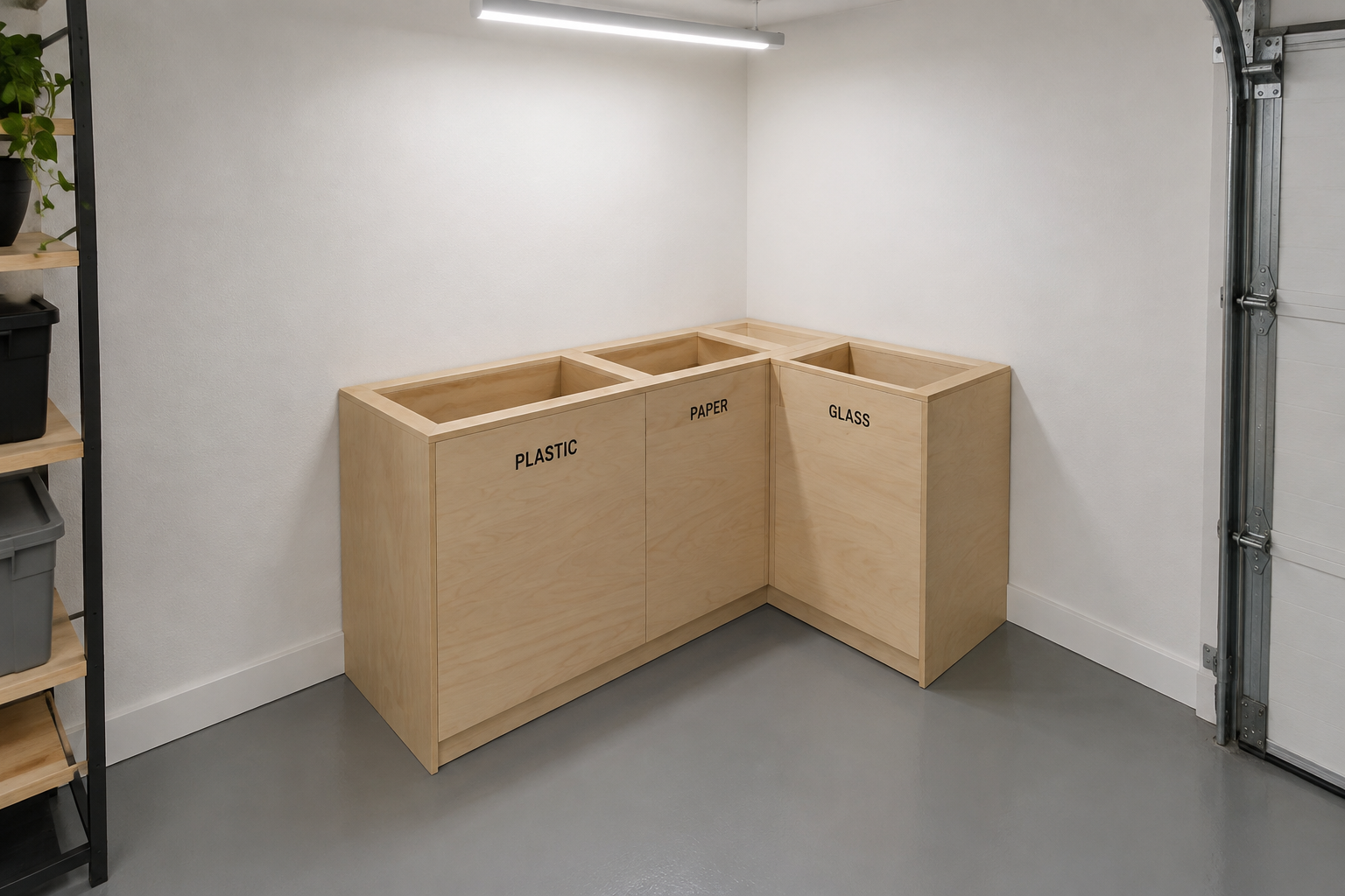 L-shaped birch wood corner recycling bin unit with three open compartments in a compact garage corner