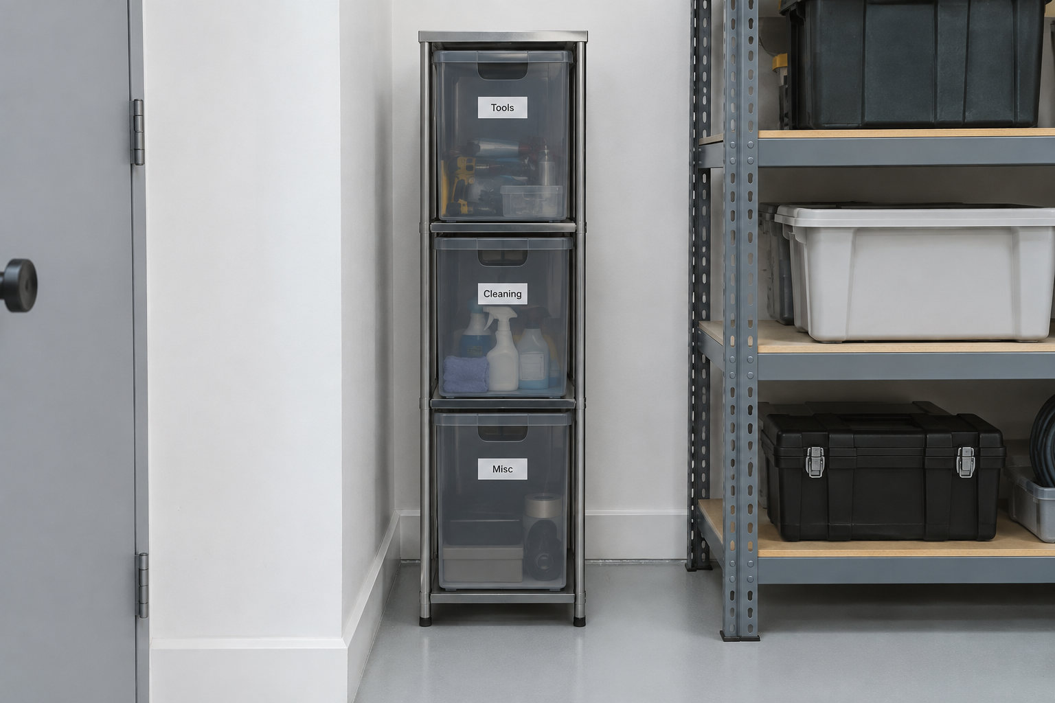 Slim tall metal tower with three pull-out recycling drawers in a small garage corner between shelving