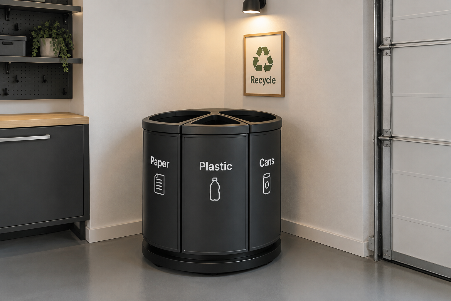 Dark charcoal rotating three-section recycling sorter on a lazy-susan base in a compact garage corner