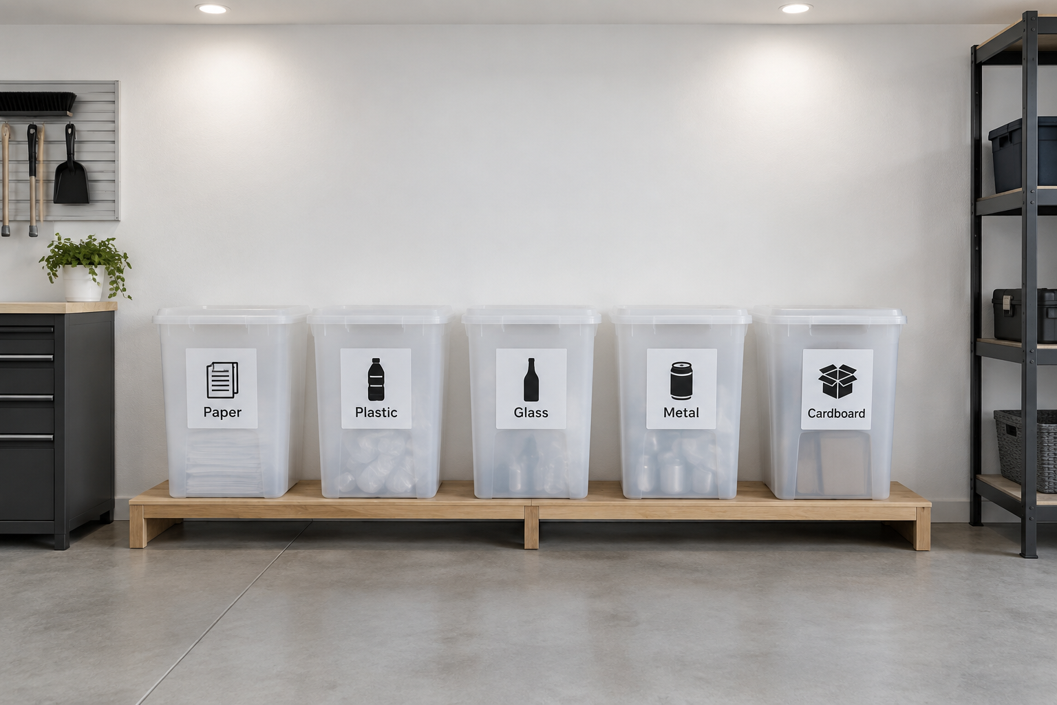 Five matching frosted white lidded bins with bold black vinyl recycling labels on a garage bench