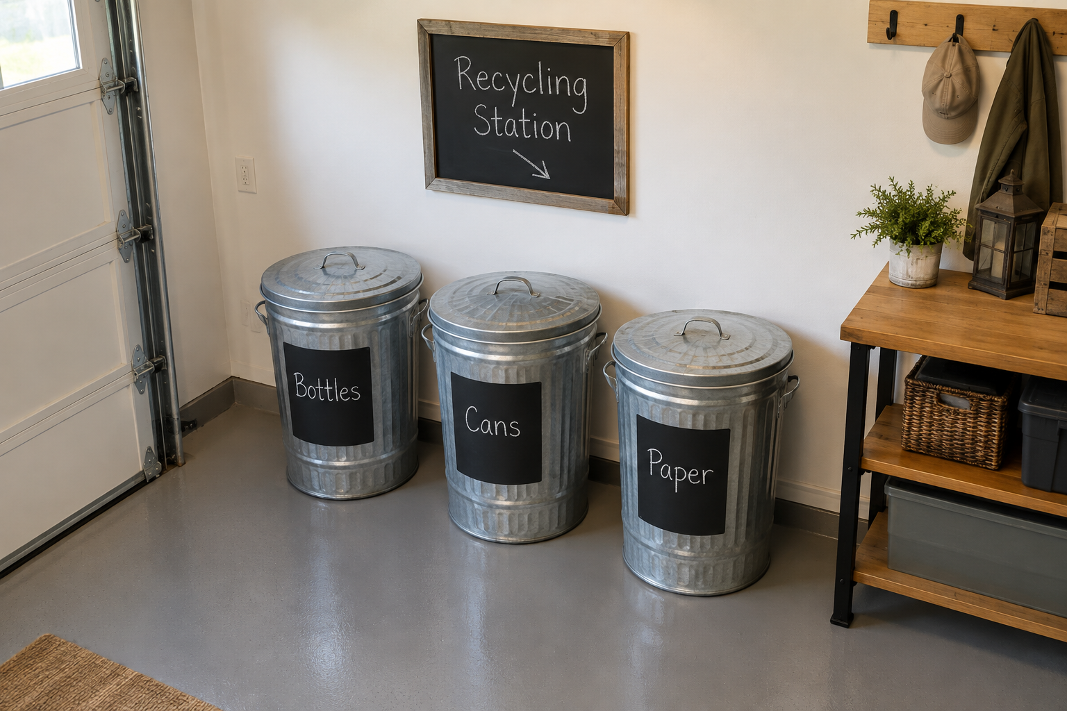 Three galvanized metal cans with chalkboard labels arranged in a garage corner recycling station