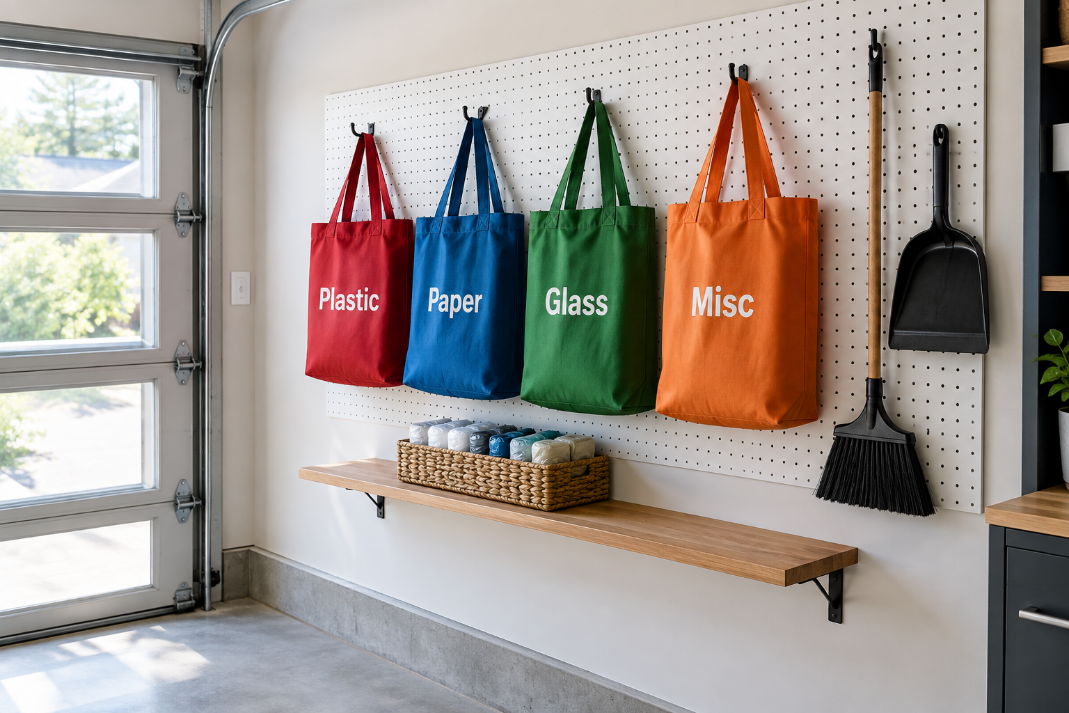 Four color-coded canvas tote bags hanging from pegboard hooks as a garage recycling sorting station