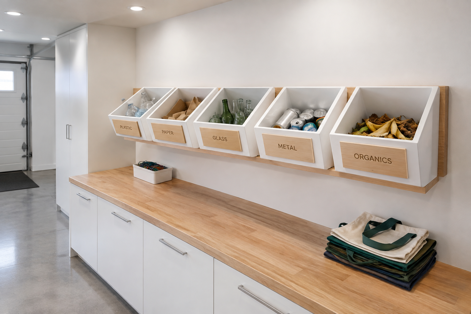 Custom white bins with laser-engraved wooden labels mounted on a modern garage wall rack at counter height