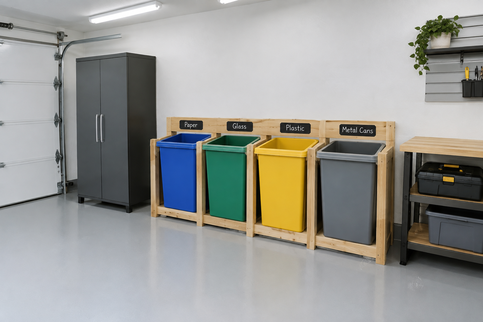 Four color-coded recycling bins in a pine wood frame unit against a white garage wall