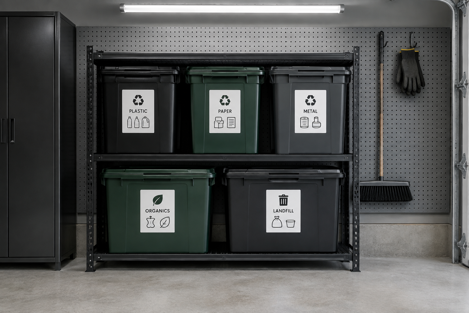 Heavy duty metal shelving unit with five labeled recycling bins in a garage with pegboard wall