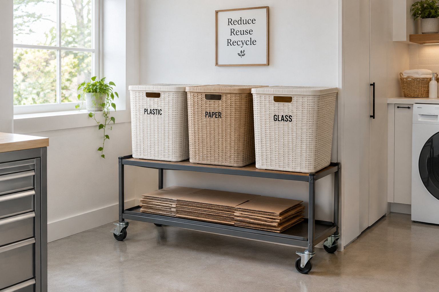 Rolling cart with three wicker-style recycling bins in cream tones and a bottom shelf for cardboard