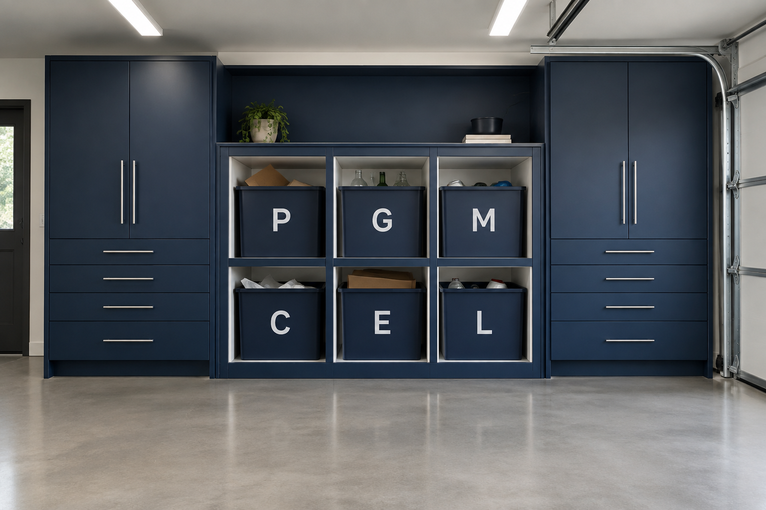 Custom navy blue cabinet with six labeled open-front recycling bins in a polished concrete garage