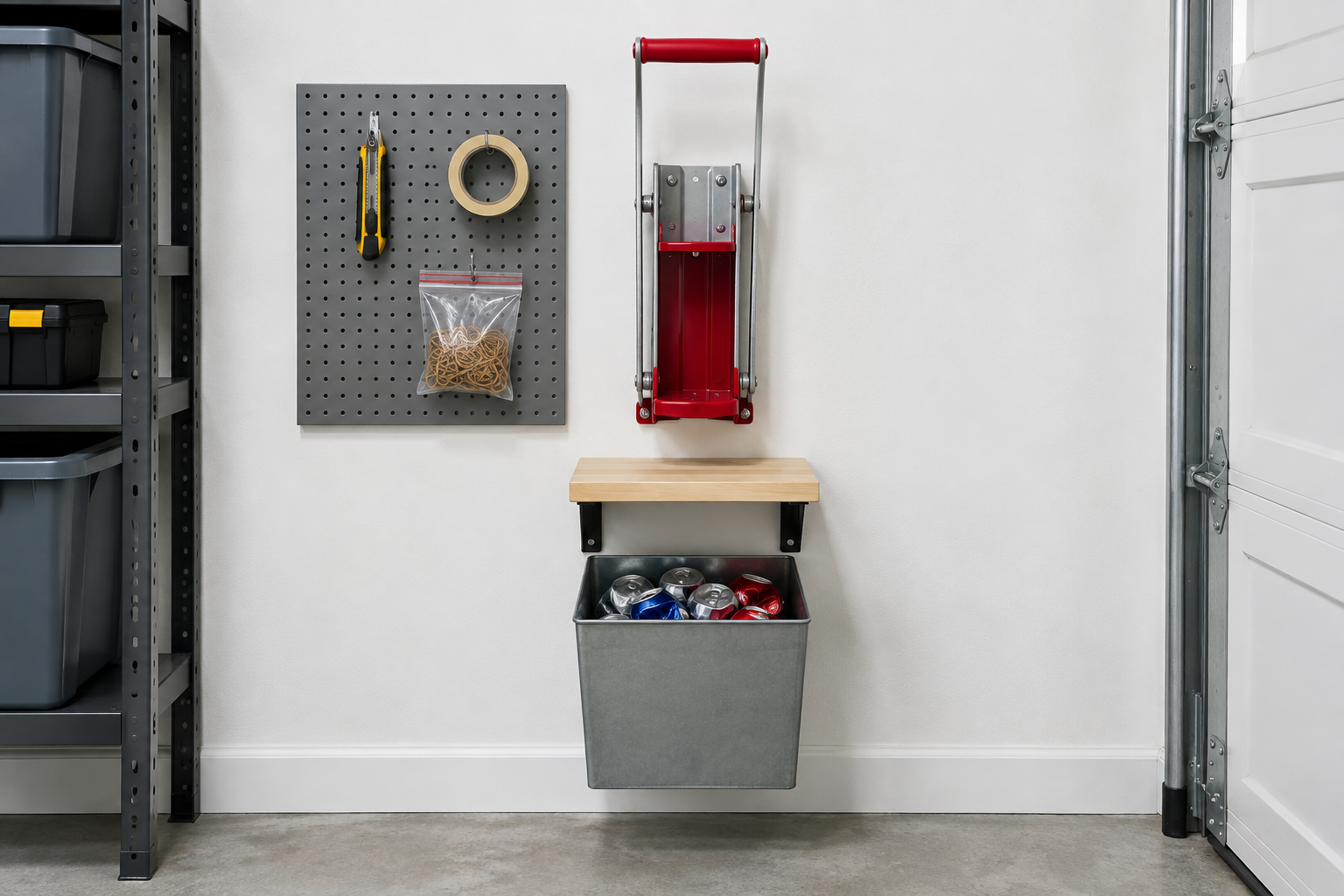 Wall-mounted can crusher above a small wooden shelf and metal bin for crushed cans in a garage