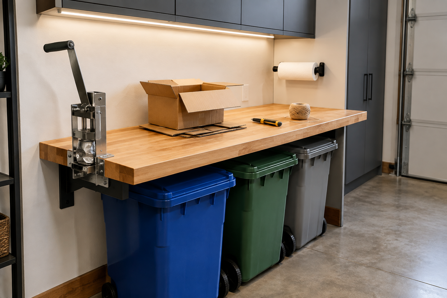 Butcher block countertop with wall-mounted can crusher and three rolling recycling bins underneath in garage