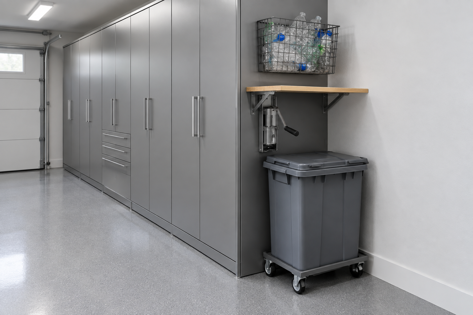Fold-down wooden shelf with hand-crank can crusher integrated into the end of gray garage storage cabinets