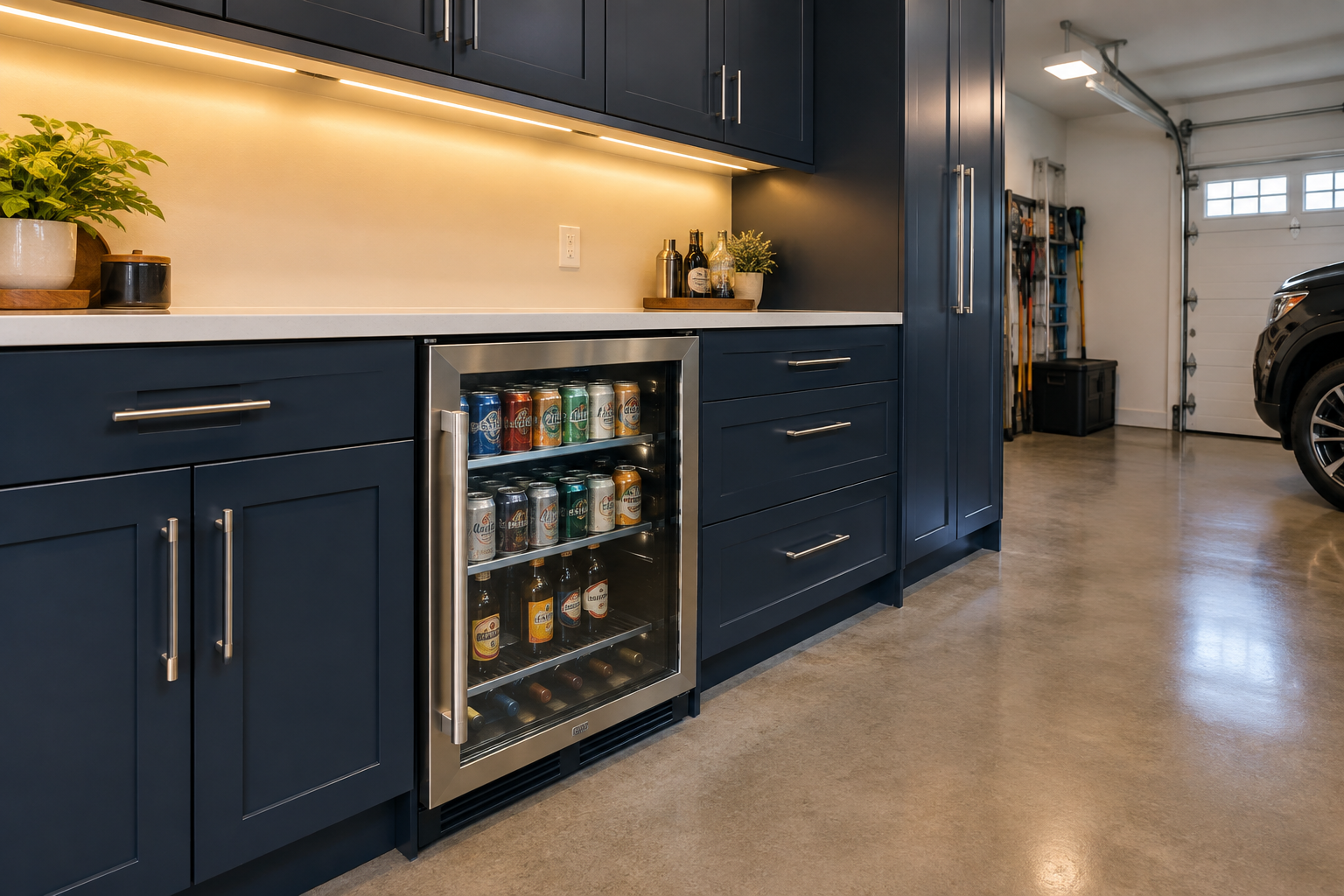 Garage beverage fridge station built into navy cabinets with glass door mini fridge under quartz countertop