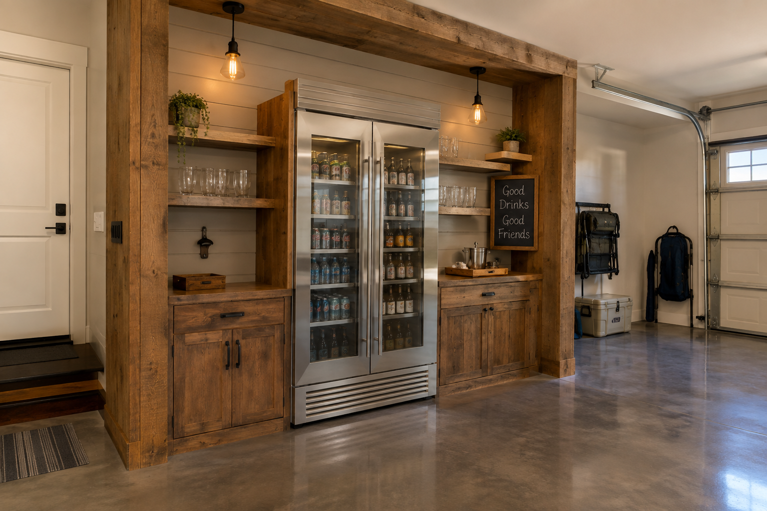 Rustic shiplap garage beverage nook with stainless steel fridge and open wood shelving either side