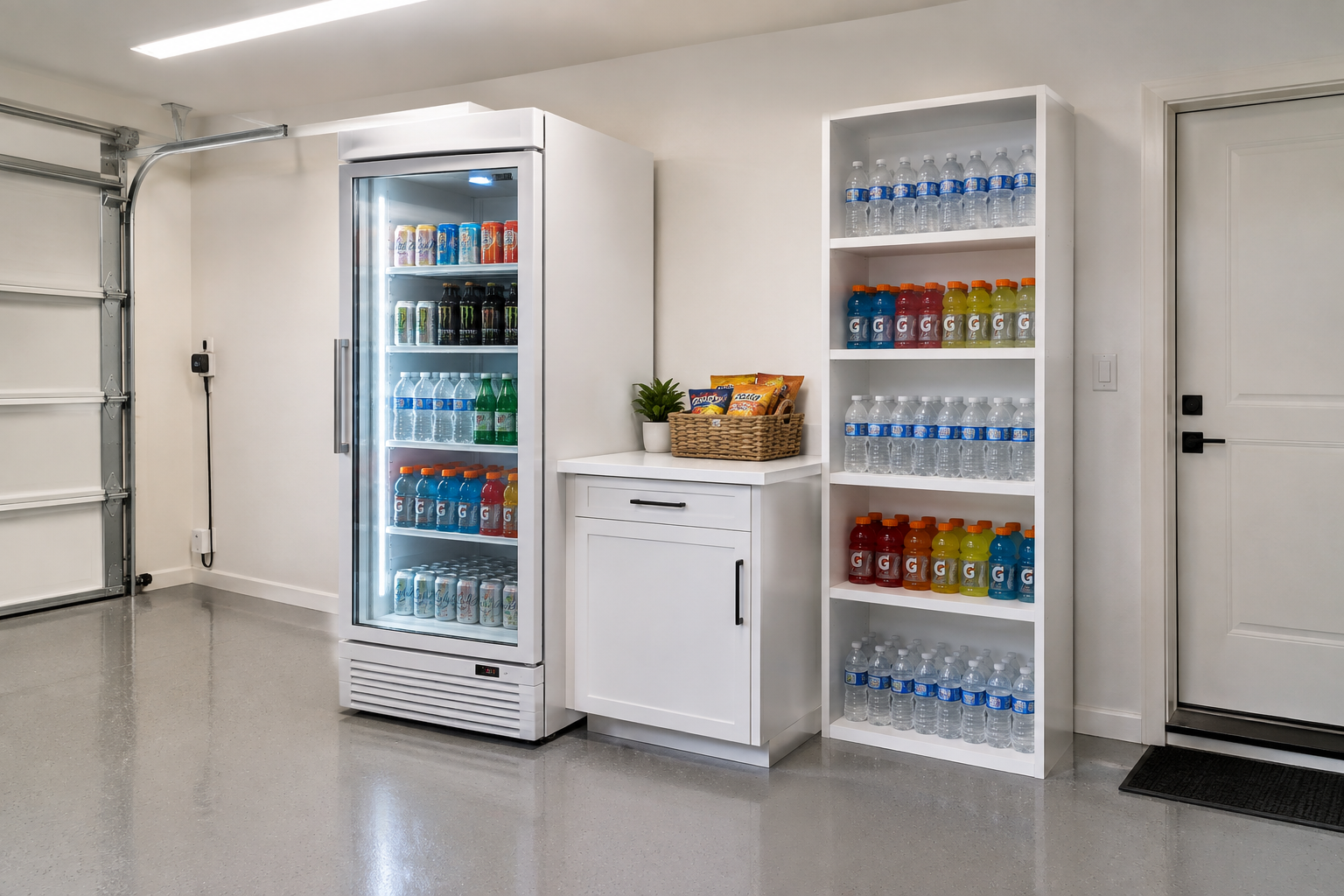 White minimalist garage beverage station with tall glass door fridge and white melamine shelving beside it