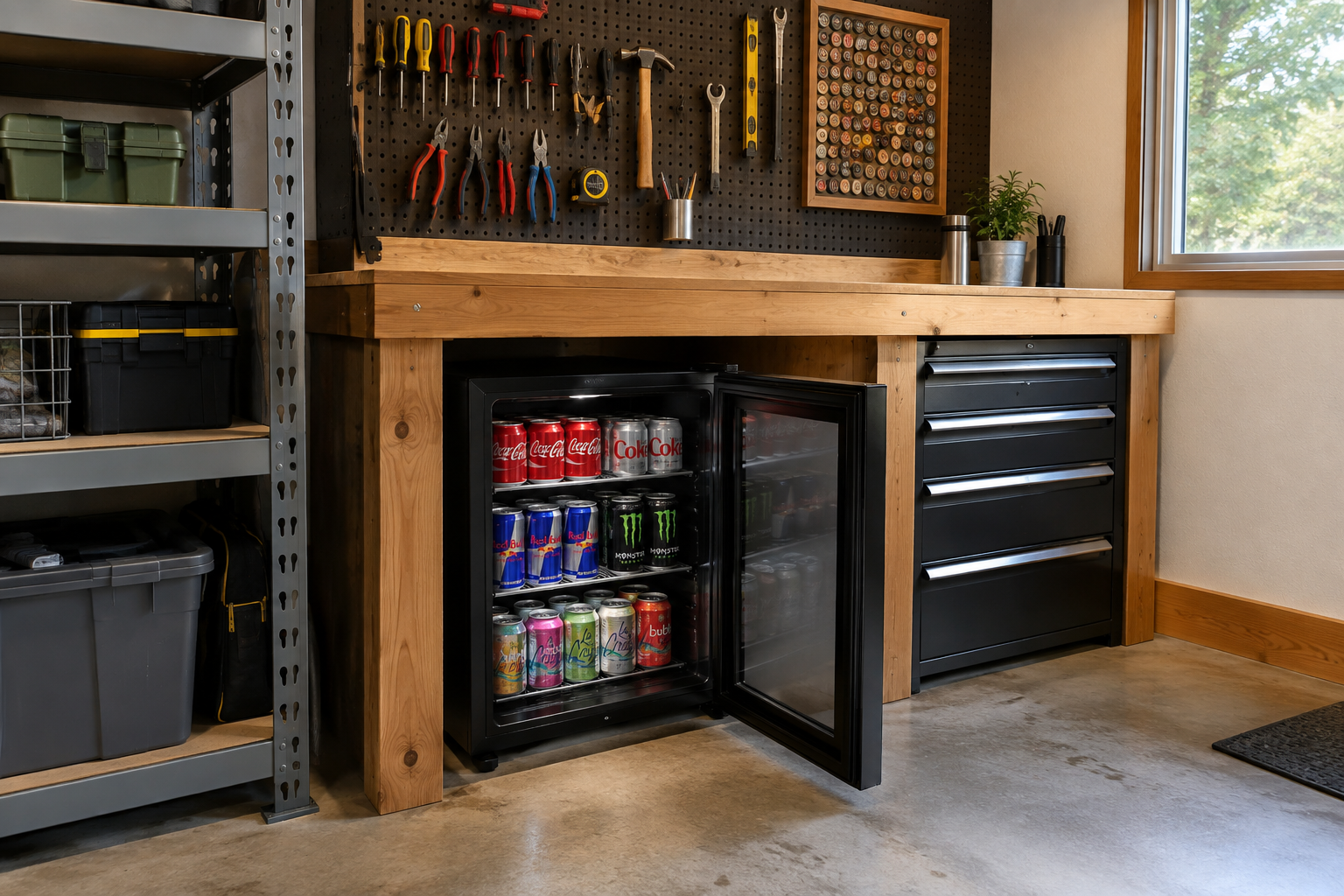 Compact black cube garage fridge tucked under a wooden workbench beside pegboard tool storage