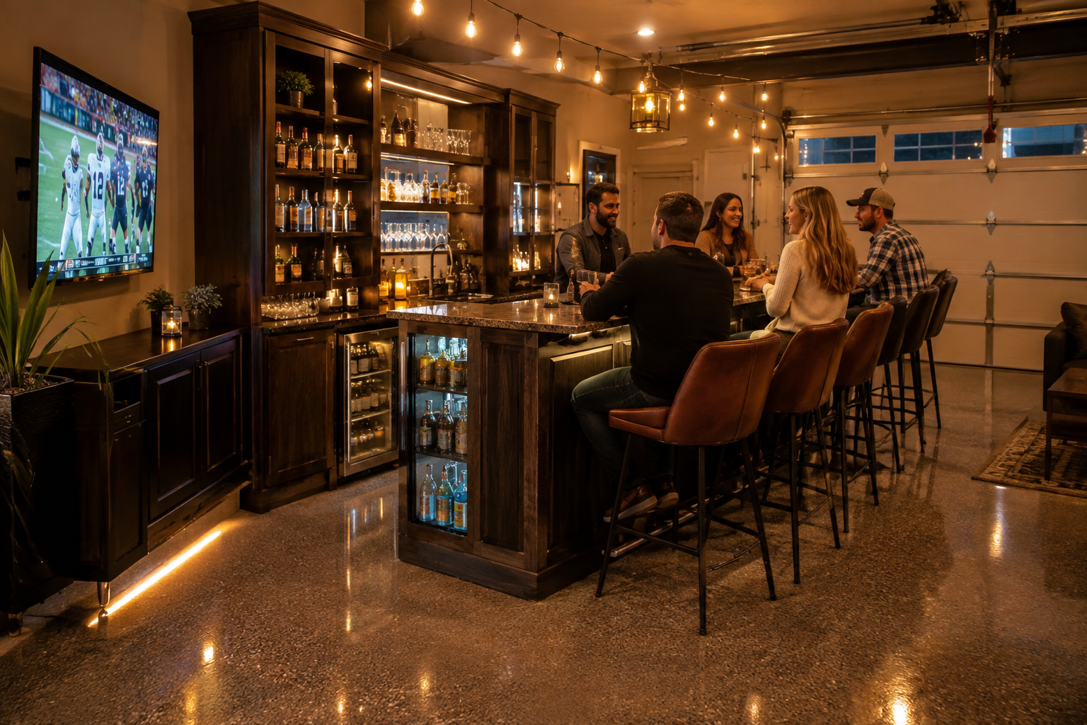 Garage bar entertaining setup with dark wood cabinet surrounding glass door fridge and granite countertop with barstools