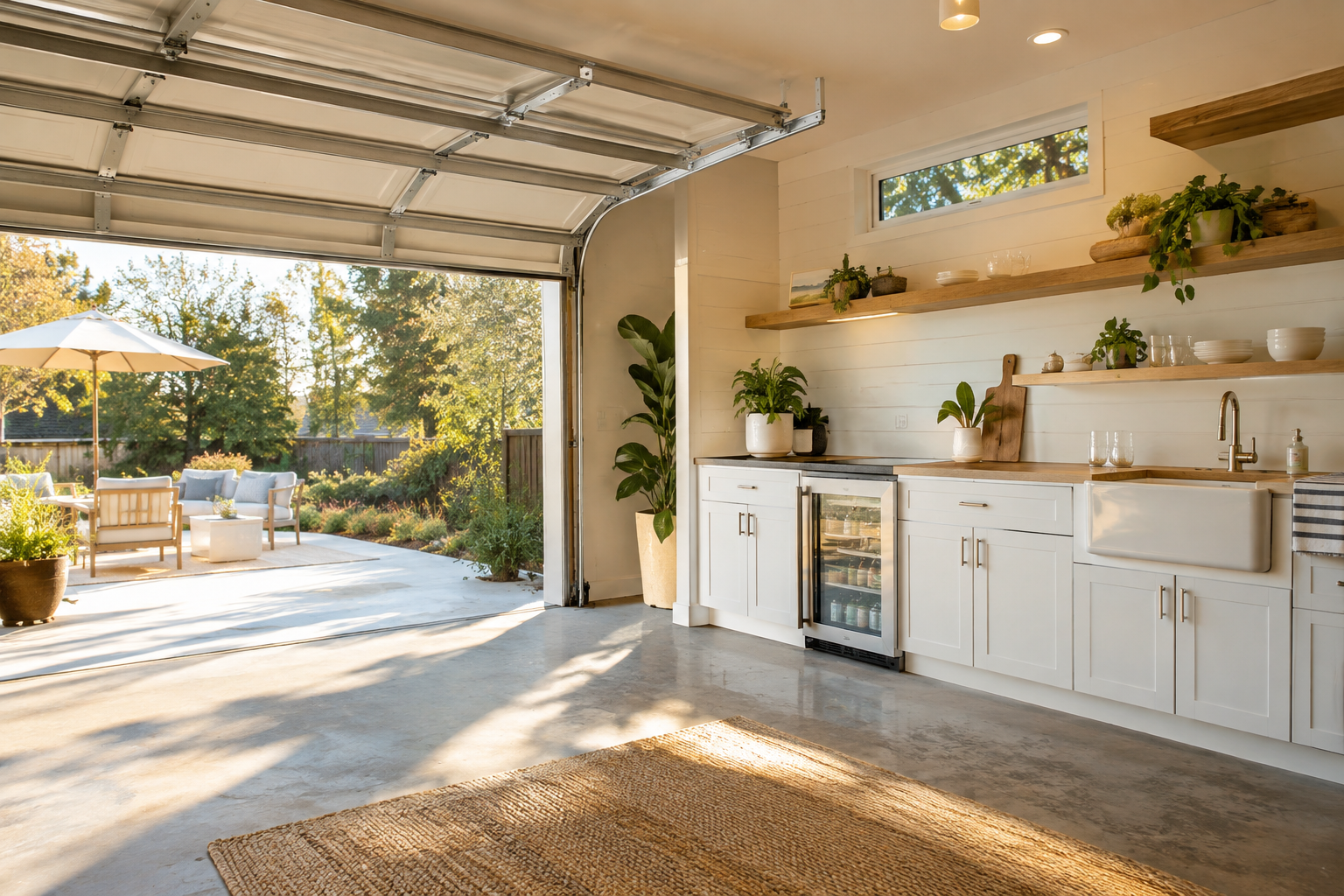 Bright garage kitchenette entertaining area with white shaker cabinets, undercounter beverage fridge, and open garage door to patio