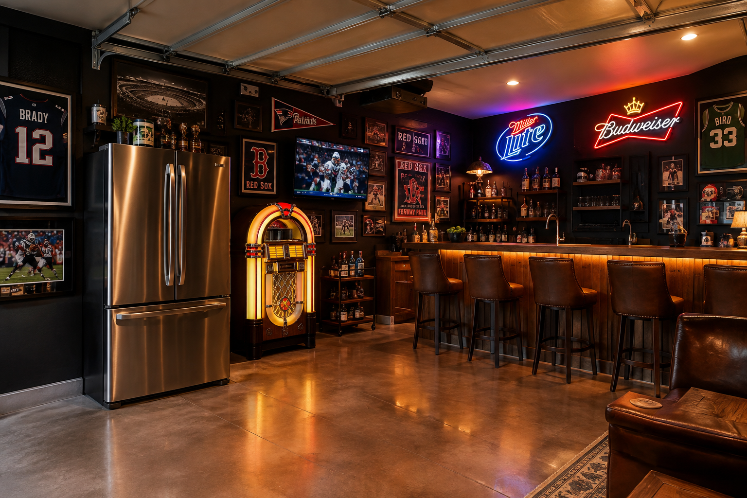 Garage man cave with stainless fridge against dark wall, wooden bar with leather stools, and neon beer signs