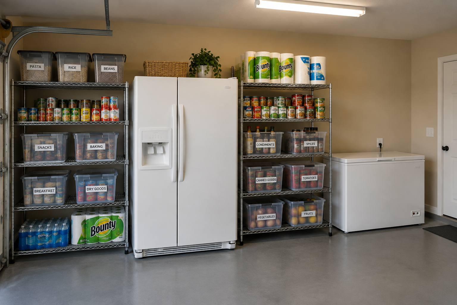 Garage overflow food storage with full size white fridge, wire shelving, labeled bins, and chest freezer