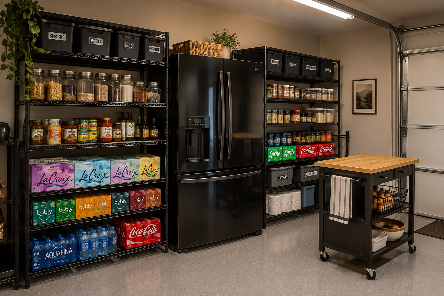 Black French door fridge in garage food storage corner with tall wire shelving and rolling cart