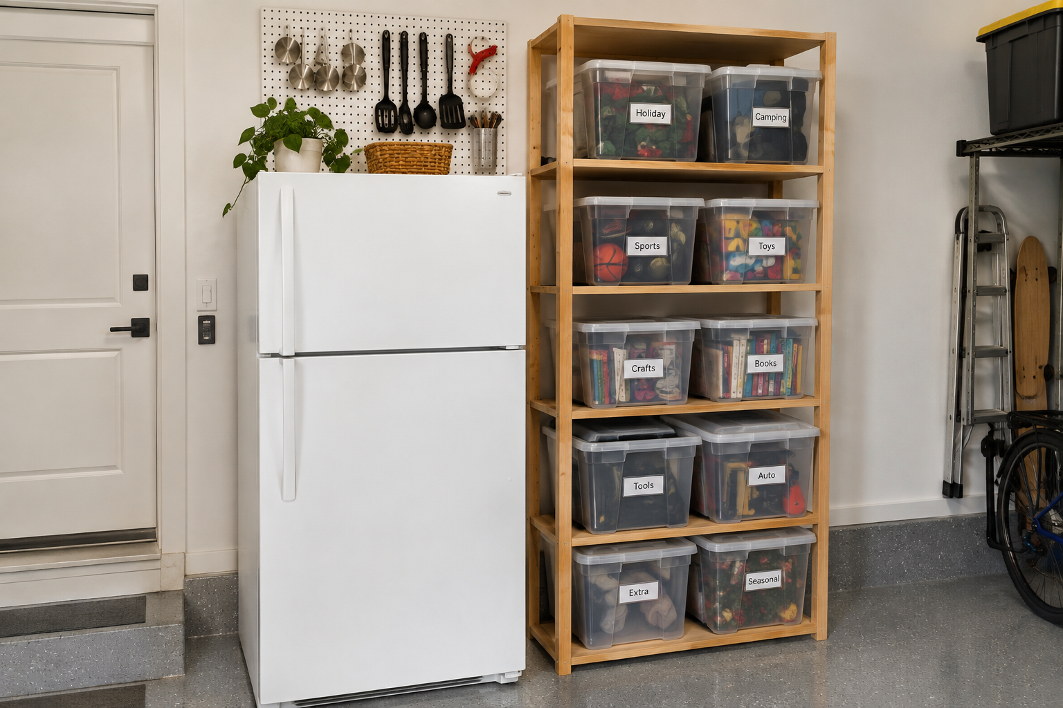 Garage overflow storage with white top freezer fridge beside wooden shelving unit holding labeled clear bins