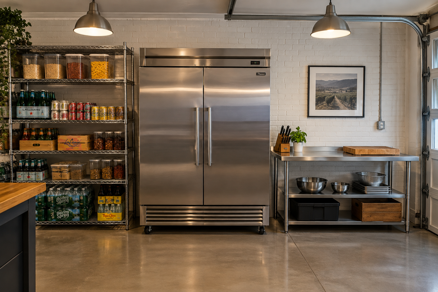 Commercial style stainless steel garage fridge with open metal shelving and stainless prep table beside it