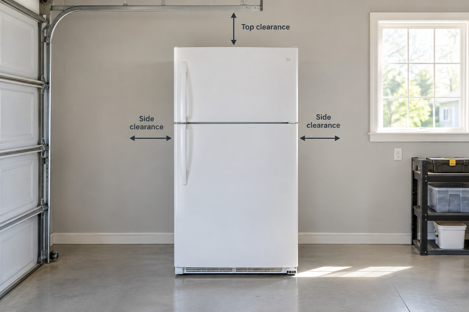 Garage refrigerator placement diagram showing proper side and top clearance spacing from walls and windows