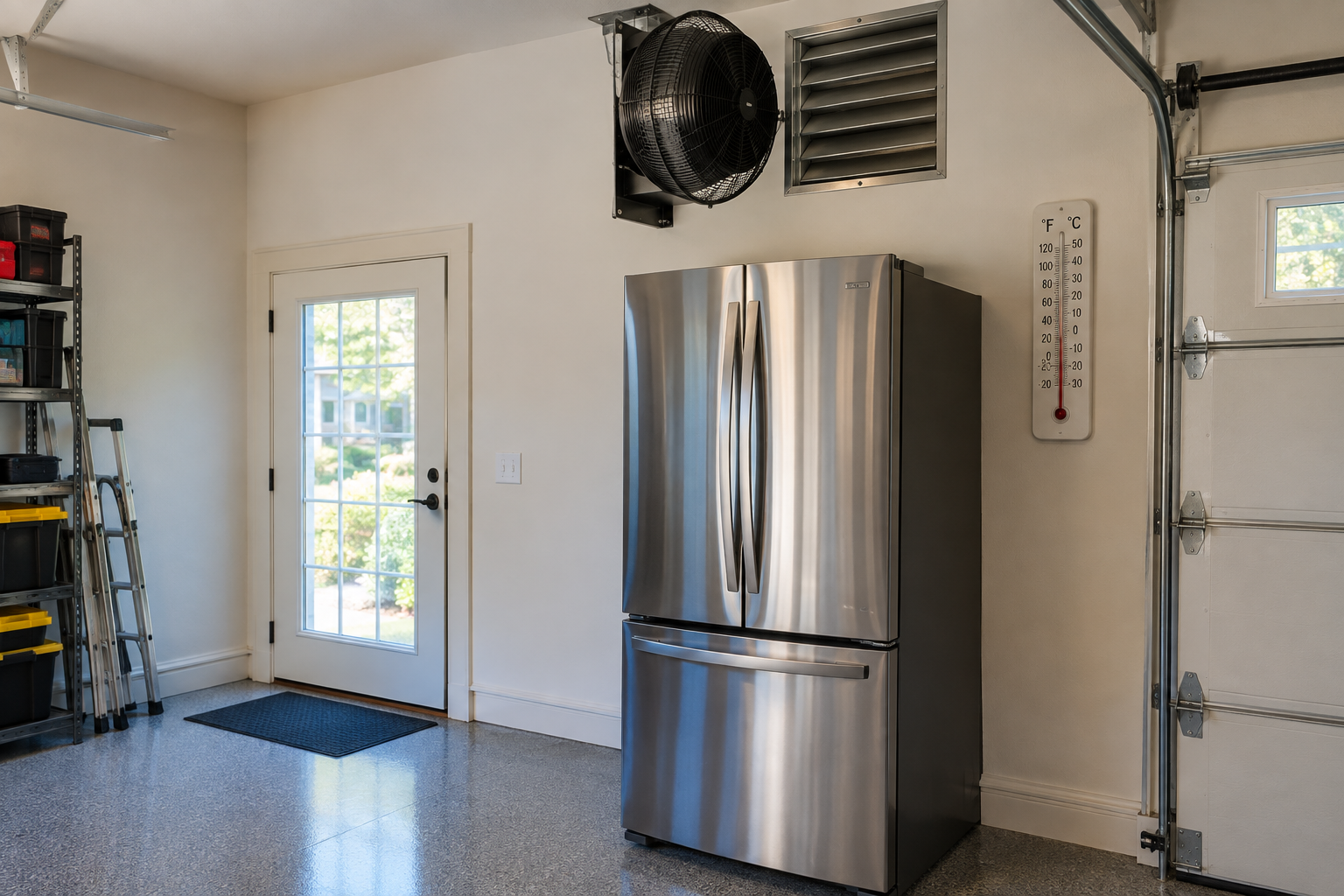 Garage ventilation fan mounted above stainless fridge pulling air through louvered ceiling vent with wall thermometer