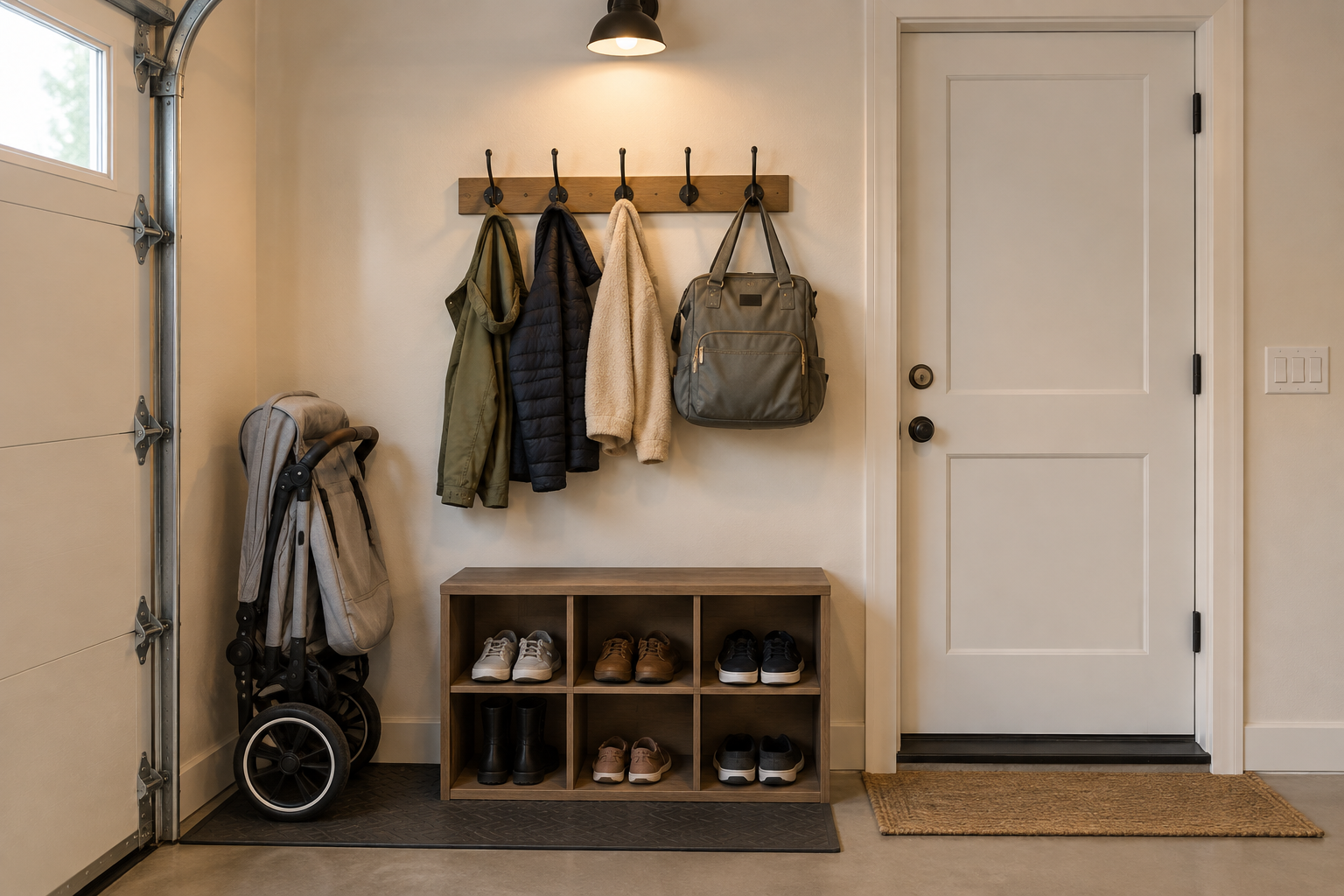 Light gray stroller parked beside coat hooks and shoe cubbies at garage interior entry door