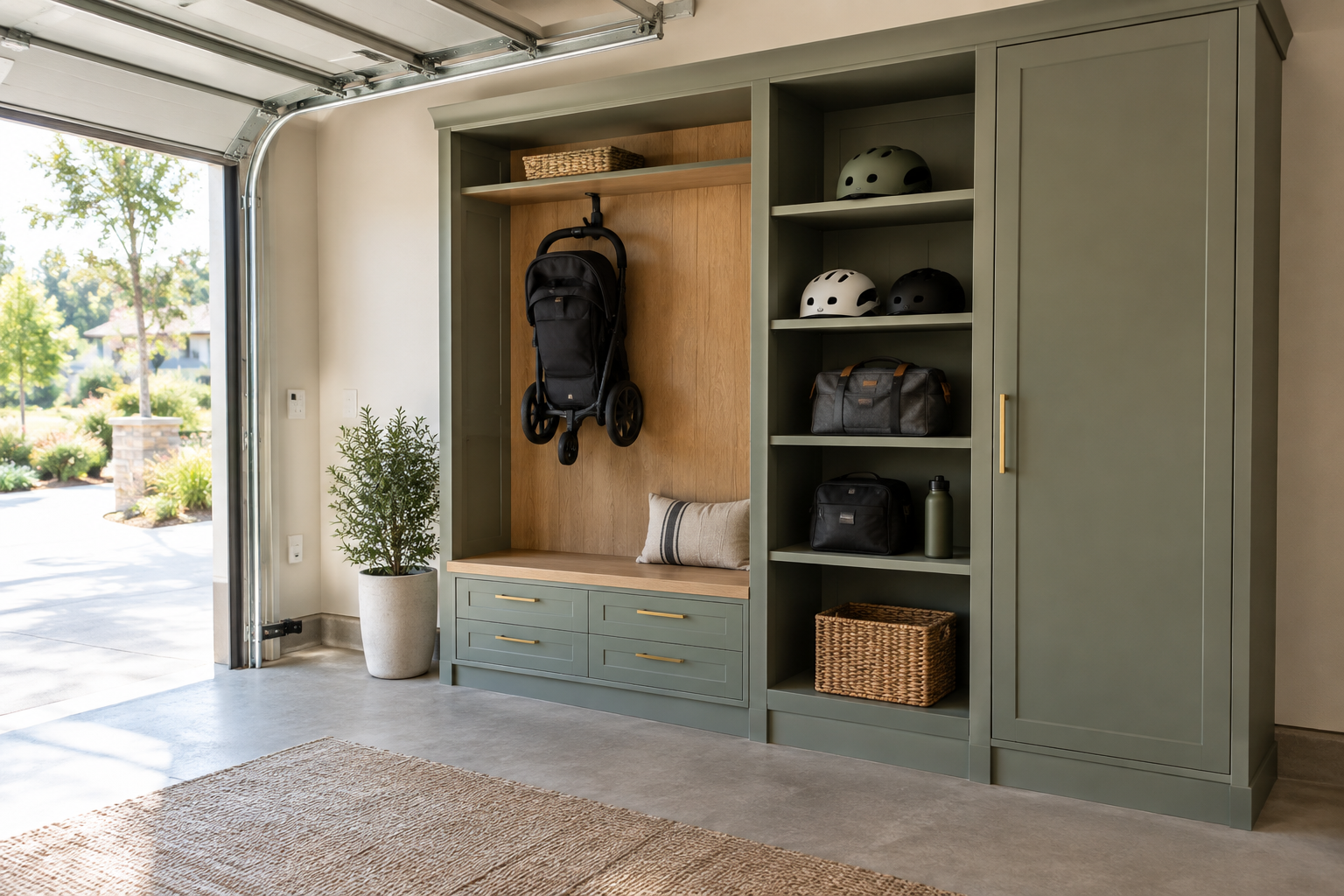 Sage green built-in locker unit with stroller hook, helmet shelves, and cabinet beside garage door opening