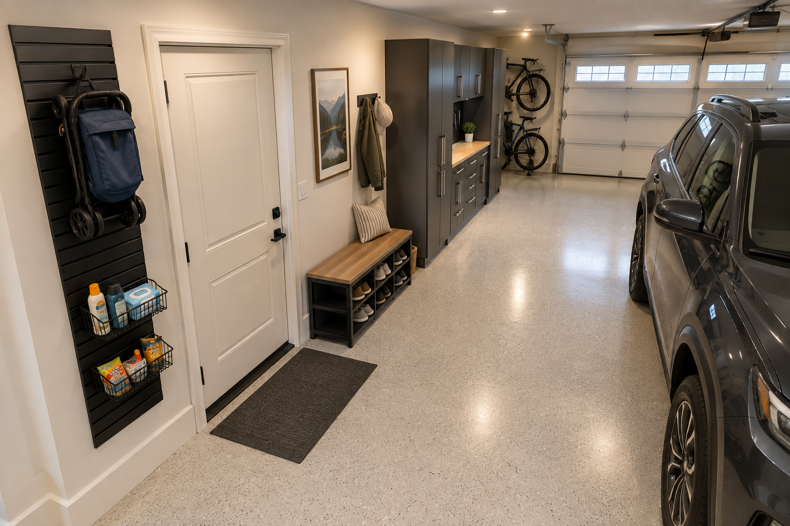 Navy stroller on black slatwall hook with snack baskets beside side-entry pedestrian garage door