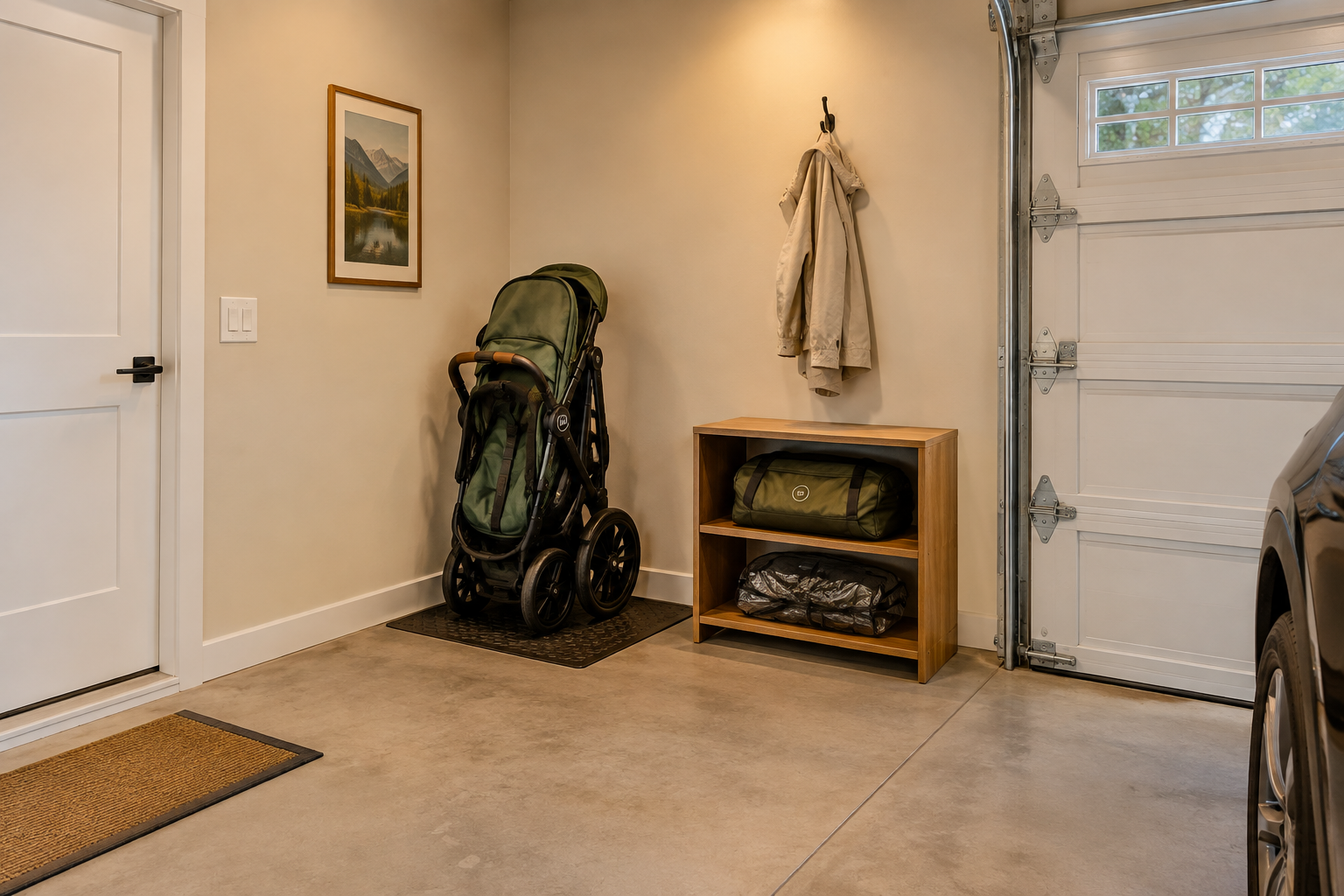 Dark green travel system stroller parked upright in garage corner next to low wooden shelf unit