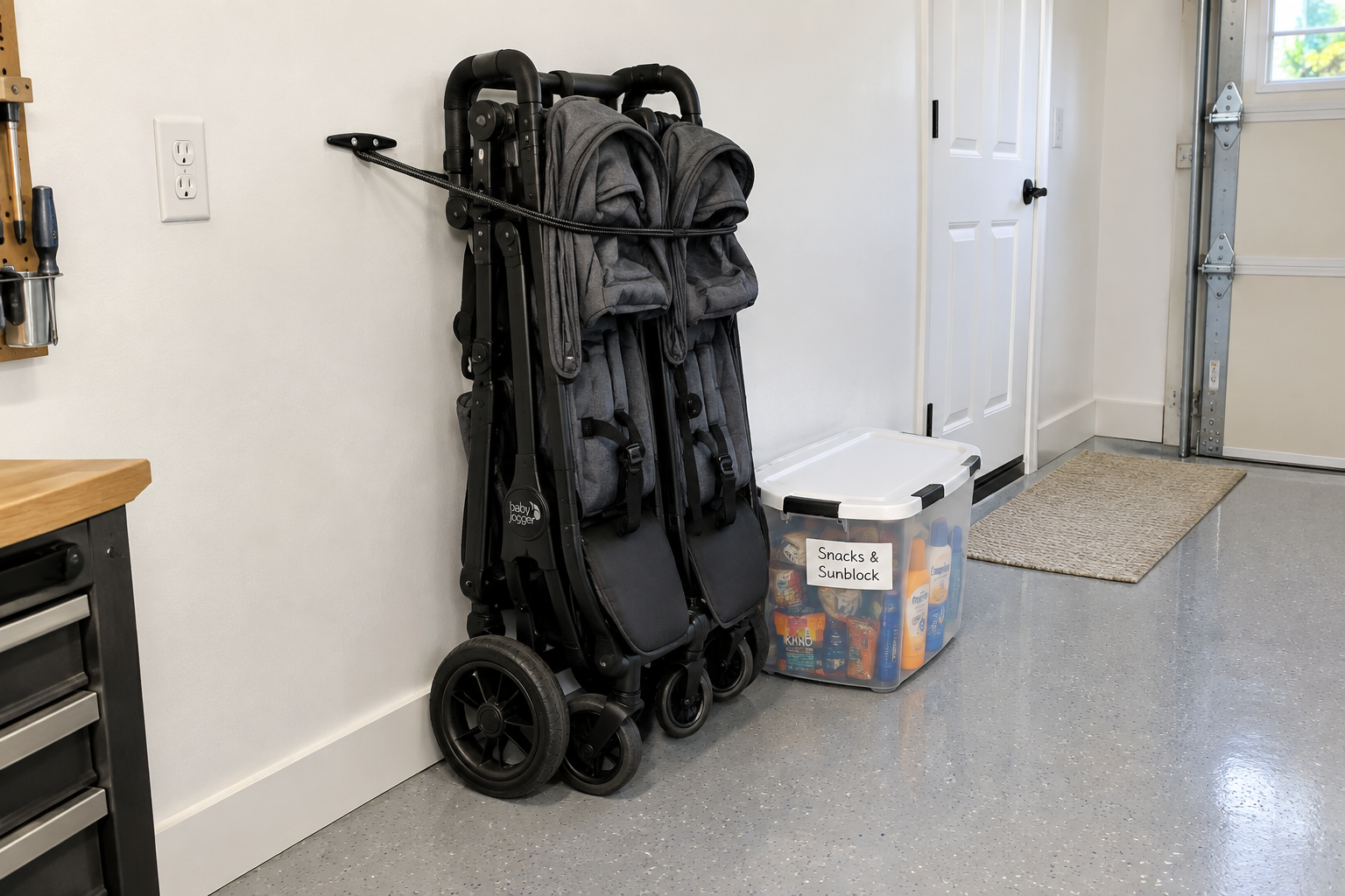 Charcoal gray double stroller secured upright in garage corner with bungee cord on wall cleat