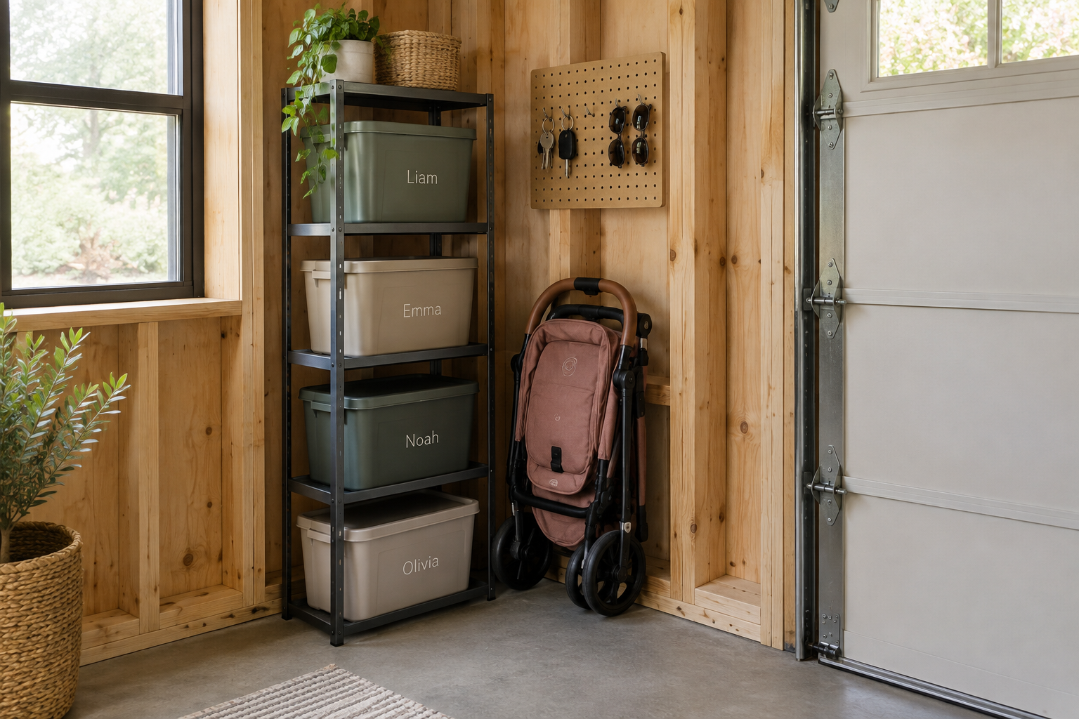Dusty rose city stroller parked in garage corner beside labeled bin shelving unit and small pegboard
