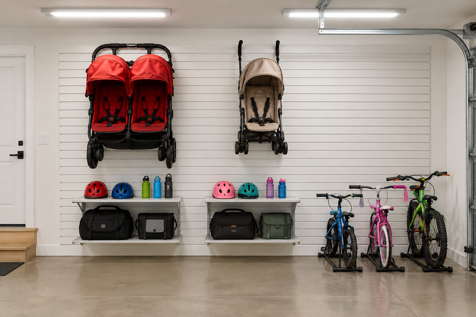 Two strollers hanging side by side on slatwall with helmets and bikes in organized multi-kid garage zone
