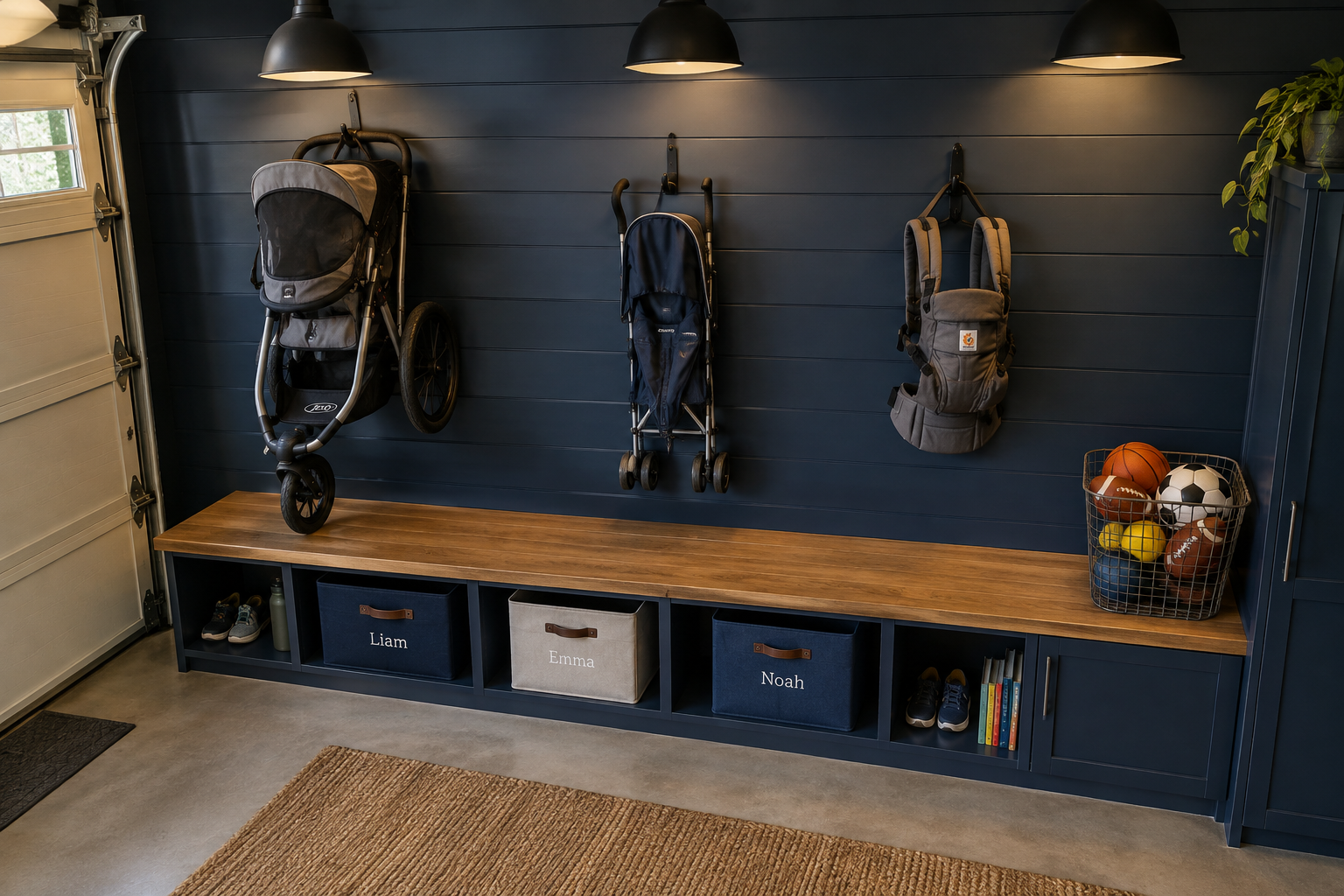 Three strollers and baby carrier on navy garage wall above wooden bench with kid cubbies and sports bins