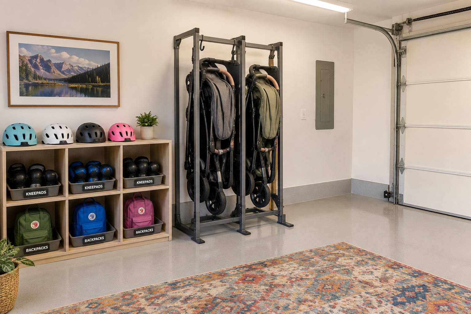 Two strollers stored vertically in freestanding metal rack beside cubby shelves in bright family garage zone