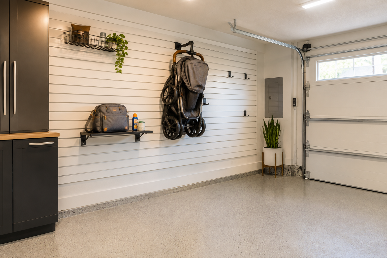 Gray jogger stroller hanging on black hook mounted to white slatwall panel in organized garage