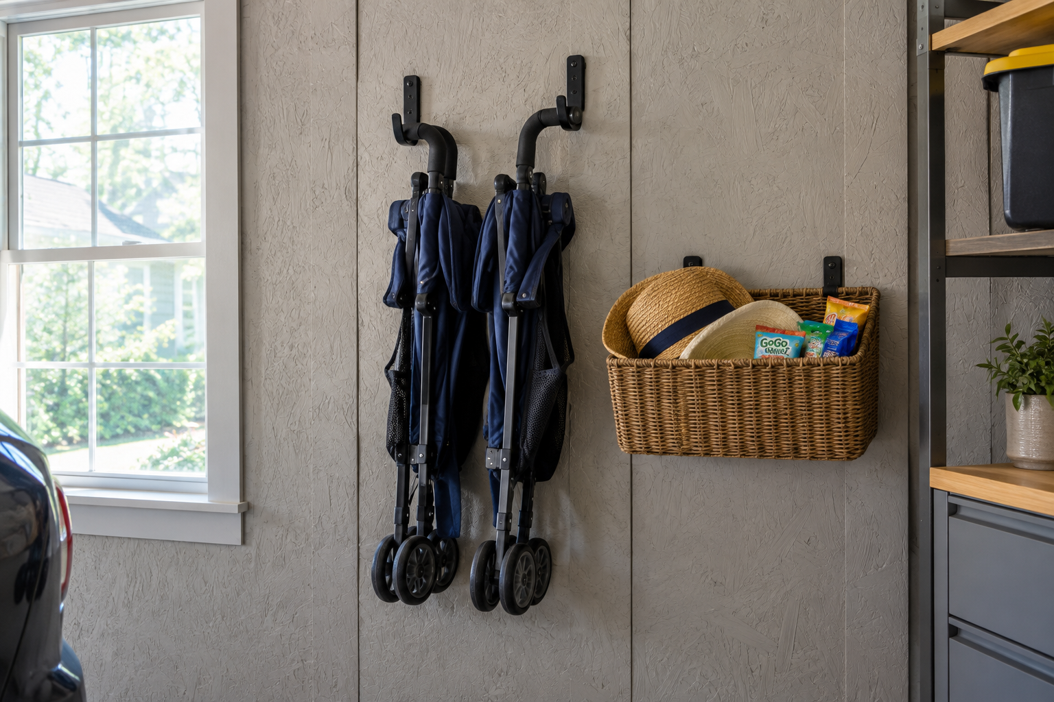 Navy umbrella stroller mounted on two steel hooks on gray OSB garage wall with wicker basket below