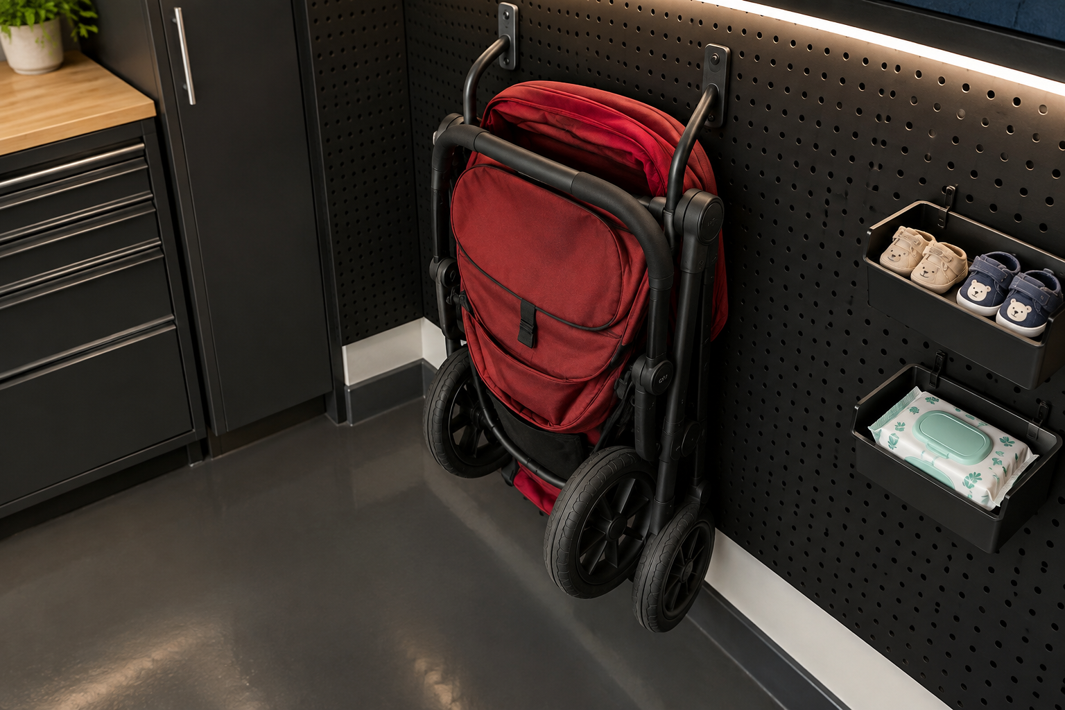 Red travel system stroller suspended on J-hooks on matte black pegboard in garage with epoxy floor