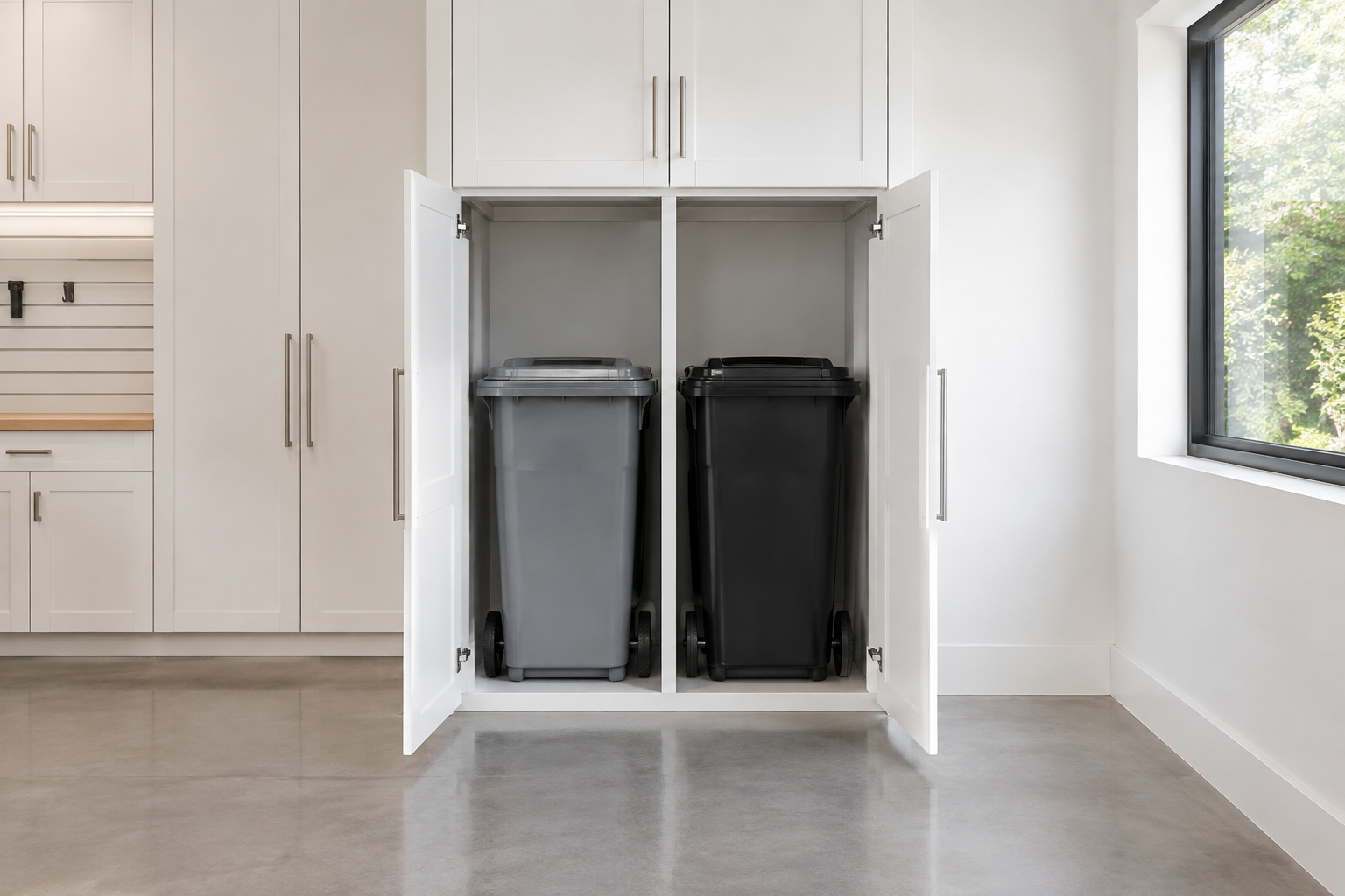 White built-in wooden trash can enclosure with two compartments inside a clean garage