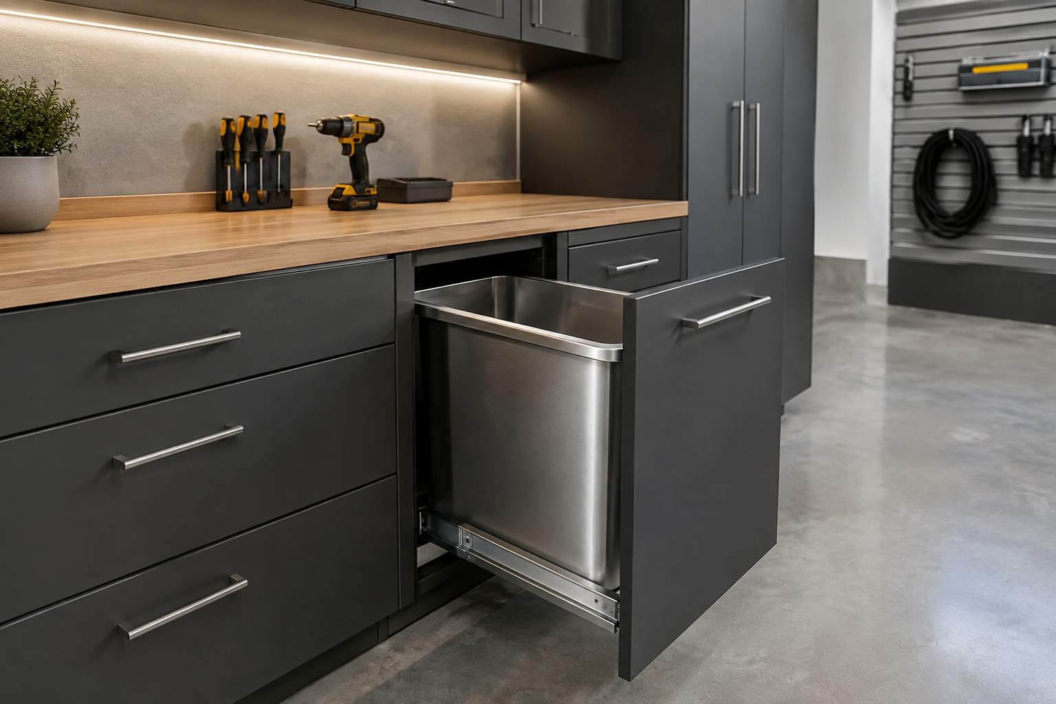 Dark gray pull-out trash bin drawer integrated into a garage workshop cabinet base