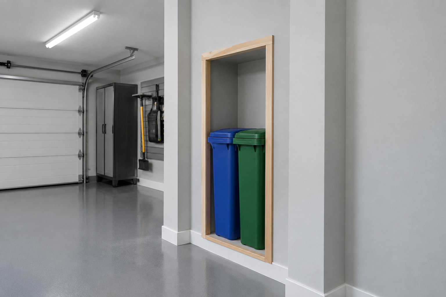 Recessed between-stud niche holding two slim color-coded recycling bins in a gray garage