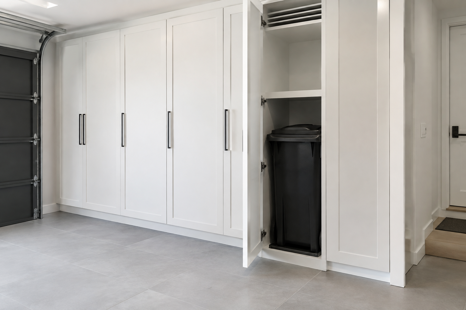 Floor-to-ceiling white shaker cabinet with ventilated built-in trash can compartment in garage mudroom