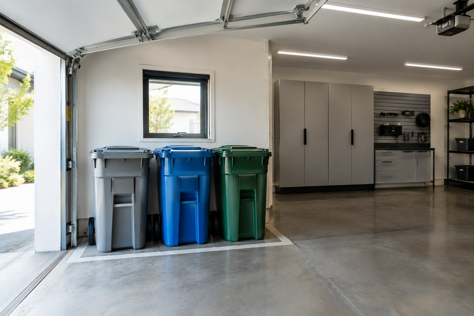 Three city wheeled garbage cans lined up in a painted floor zone near an open garage door