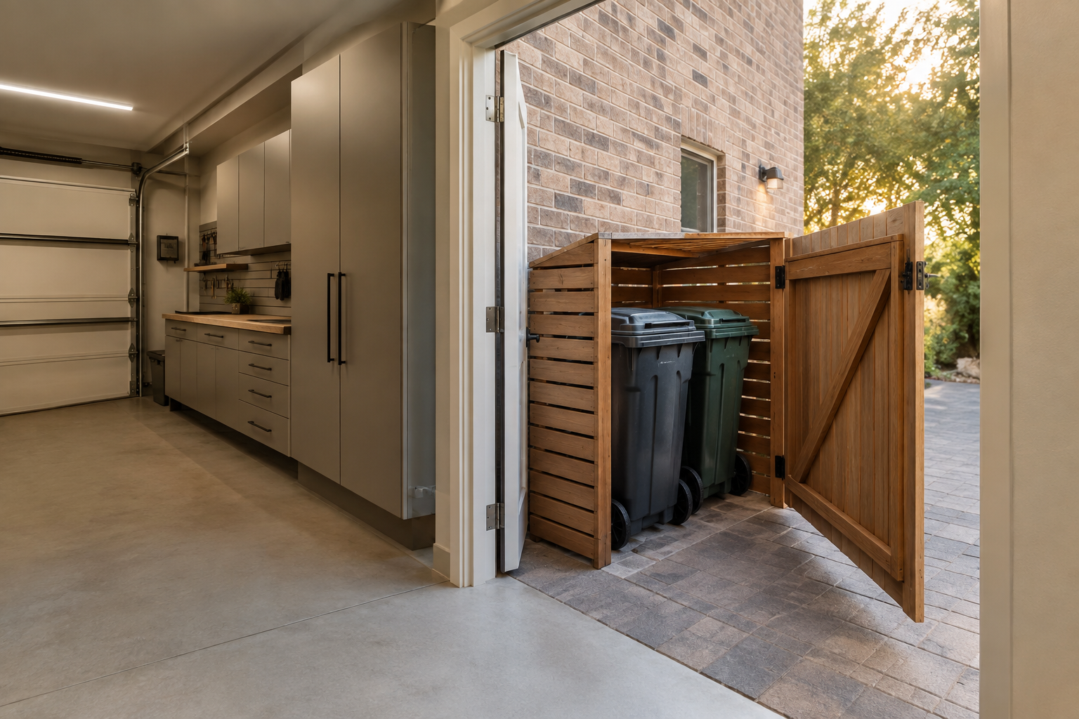 Wooden slatted bin enclosure with hinged gate at side garage door entry for easy curbside roll-out